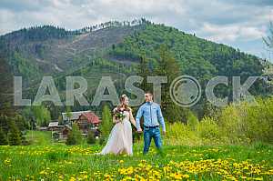 Wedding in mountains, a couple in love, mountains background, standing surrounded dandelions, among the lawn with the green grass, rustic style, girl in long tulle dress, romantic landscape, walking