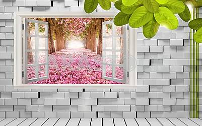 3д иллюстрация, кирпичная стена, окно, весенняя аллея, зеленые листья										