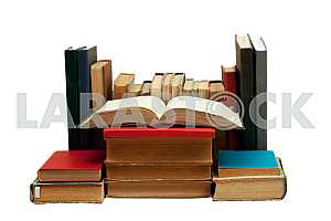 Stack of hardback books isolated on white background. Back to school. Copy space