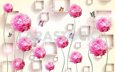 3д иллюстрация, бежевый фон, прямоугольные рамки, большие розовые пионы, летающие бабочки										