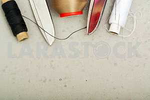 Carpenter tools on wooden table with sawdust. Circular Saw.