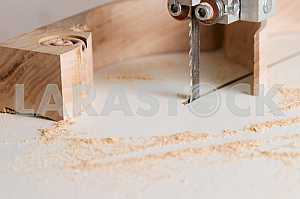 Carpenter tools on wooden table with sawdust. Circular Saw. Carpenter workplace top view