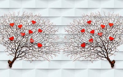 3d illustration, light background, branches with red hearts
