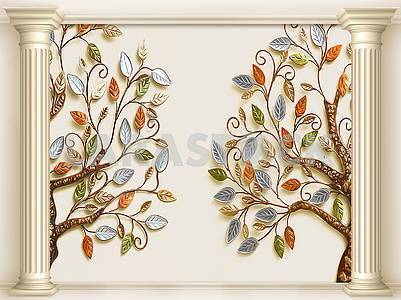 3d illustration, beige background, two columns, two fabulous trees with colorful leaves