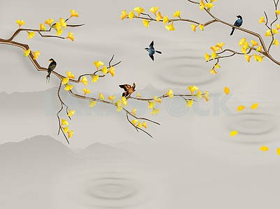 Gray background, circles from drops, brown branches with yellow leaves, birds sitting on the branches