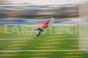 Goalkeeper catches a ball in a jump