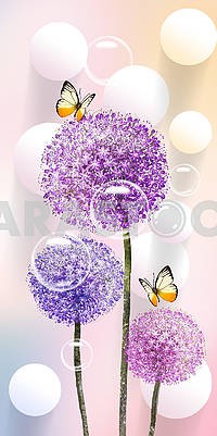 3d illustration, pastel background, three multi-colored dandelion, white balls, soap bubbles, two beige butterflies