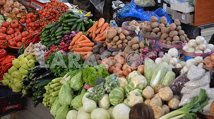 Vegetables and fruits on a market table