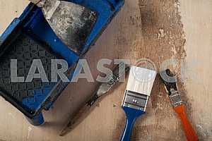 Carpenter tools on wooden table with sawdust. Circular Saw.