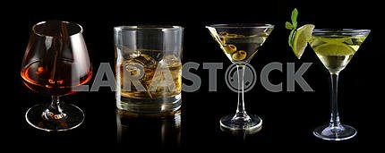 Glass of set of spirits and cocktails