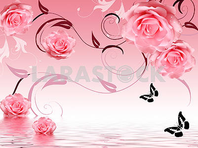 3d illustration, pink background, large pink roses, black outlines of butterflies, reflection in water