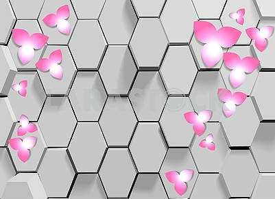 3d illustration, gray background, tile, hexagons, pink petals