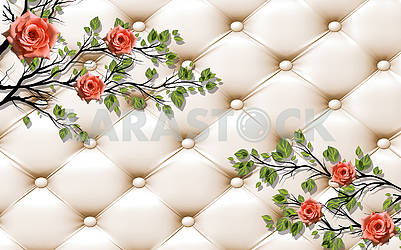 3d illustration, beige background, upholstery, pink roses on the branches