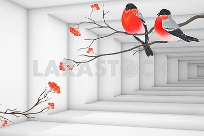 3D illustration, light background, corridor, Bullfinches are sitting on the branches of a mountain ash