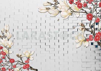 3d illustration, gray background, brick wall, branches with white and red fabulous flowers