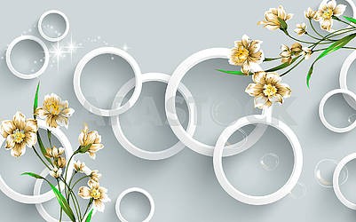 3D illustration, gray background, white rings, soap bubbles