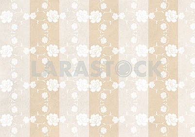 Бежевый винтажный полосатый фон, белые орнаментальные цветы										