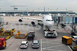 MUNICH, GERMANY, SEPTEMBRE 2014: Lufthansa airbus airplane parke