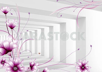 3d illustration, light background, square columns, purple fabulous flowers