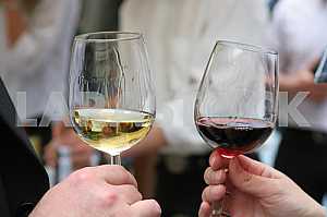 Glasses with white and red wine