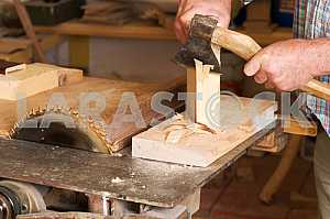 Carpenter tools on wooden table with sawdust. Circular Saw. Carpenter workplace top view