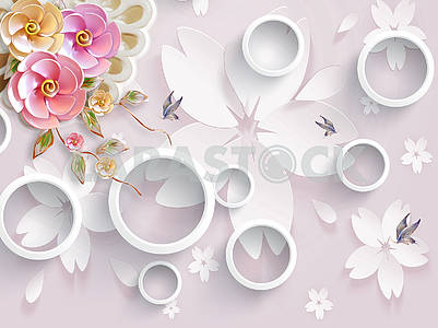 3d illustration, light pink background with large white paper flowers, white rings, pink and white pearl flowers, blue butterflies