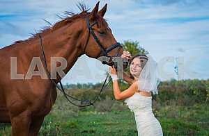 Portrait of brown-haired woman standing in front of a horse, in wedding dress mermaid silhouette, blue sky on the background