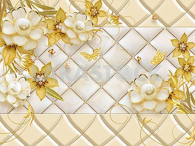 3d illustration, beige background, upholstery, light gold-plated pearl flowers, beige ornamental flowers