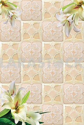 Beige carved tiles, white large lilies in the three corners of the image