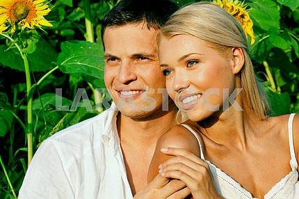 loving couple in a field of sunflowers