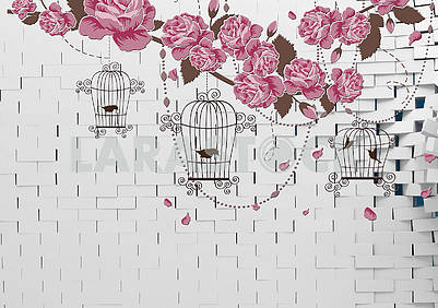 3d illustration, gray background, brick wall, dark flowers on a branch, birds in cages