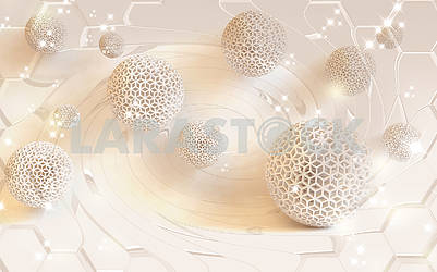 3d illustration, light beige background, mesh balls, sparkles