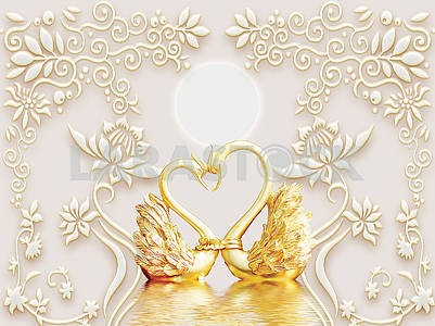 3д иллюстрация, бежевый фон, полная луна, белые декоративные тисненые цветы, два золотых лебедя										