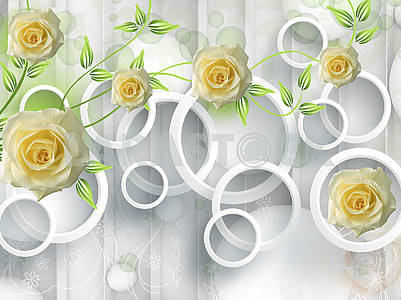 3d illustration, light background, vertical lines, white rings, large yellow rosebuds, green stems with leaves