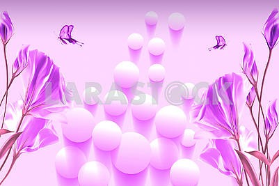 3D illustration, purple background, balls, butterflies, flowers