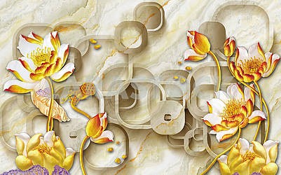 3D illustration, marble background, golden fabulous flowers