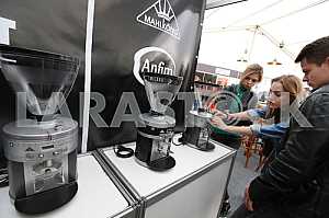 Rack with coffee makers on the coffee festival in Lviv