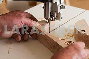 Carpenter tools on wooden table with sawdust. Circular Saw. Carpenter workplace top view