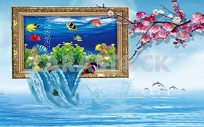 Стилизованный аквариум в картинной рамке, стекает вода, ветка сакуры										