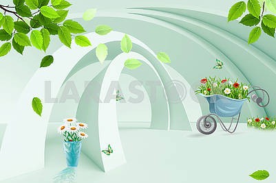 3d illustration, light background, moderate green arches, flowers in a cart, lawn, leaves in a vase, butterflies