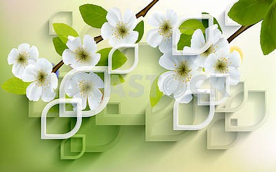 3d illustration, green background, large white spring flowers on a branch, white and transparent geometric shapes