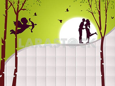 Background with white tiles, trees and lovers in the background of the moon