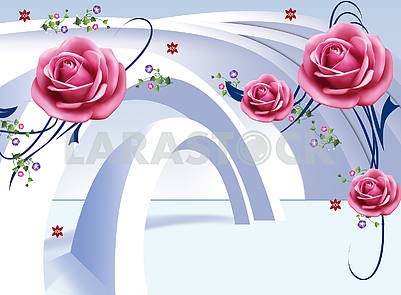 3d illustration, light background, arches, large buds of pink roses