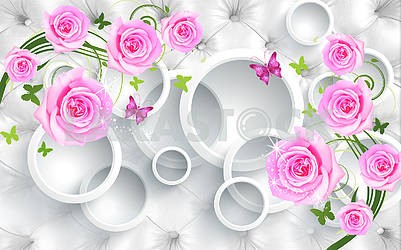 3d illustration, upholstery, white background, white rings, green and pink butterflies, glitter, pink roses