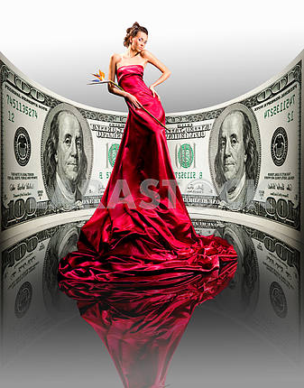 Beautiful girl in red dress, money. 100 american dollars