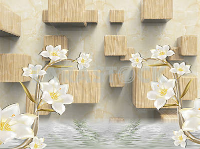 3д иллюстрация, бежевый мраморный фон, деревянные кубы, две ветви лилий с белыми цветами, отражение в воде										