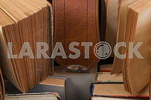 Open book, stack of hardback books on wooden table. Back to school. Copy space