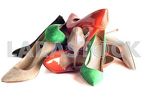 Bright, multicolored female shoes on high heels