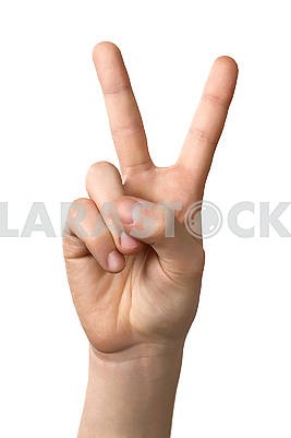 Man hand showing victory sign gesture, isolated on white backgro