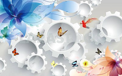 3d illustration, light background, gears, colorful butterflies, fabulous flowers